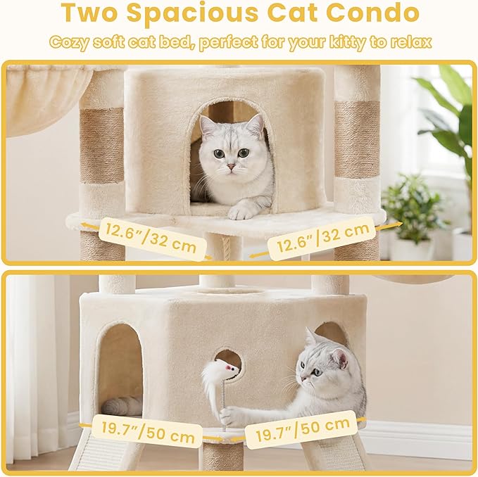 Cat Tree, 73-Inch Sturdy Corner Cat Tower with Wide Top Perch, Cat Furniture with 2 Spacious Condos, 2 Cozy Baskets, 2 Scratching Boards & Interactive Toy for Large Cat, Beige VCT021MJ