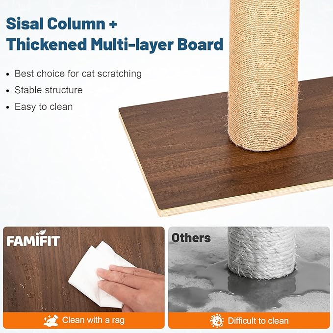 Cat Scratching Post, Retro-Style Tall Cat Scratcher Tower with Removable Gray Fluffy Cusion Perch, Natural Pine & Sisal Cat Scratcher for Indoor Cats, Medium