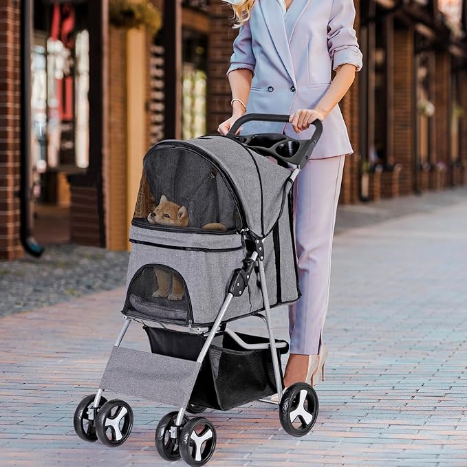 4 Wheels Foldable Pet Dog Cat Jogger Stroller Travel Carrier Strolling Cart w/Waterproof Cover Storage Basket Cup Holder & Removable Liner for Medium Small Cat Dog, Grey