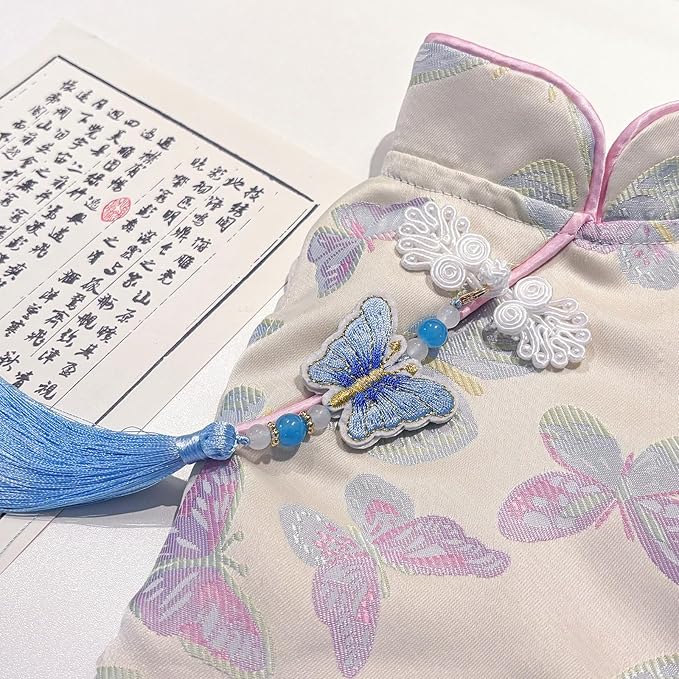 Chinese Cheongsam Dog Dress, Butterfly Printed Pet Qipao with Tassel & Knot, Traditional Chinese Style Outfit for Small Dogs & Cats, Festive Costume for Puppy Kitten (Medium)