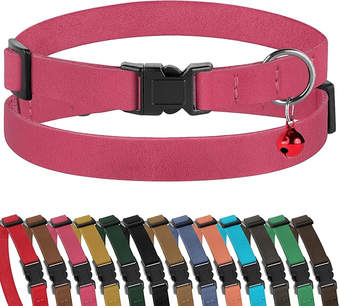 Muromto Breakaway Cat Collar Leather Soft Adjustable Pet Kitten Collars with Bell Pink Brown Blue Green Red (Pink)