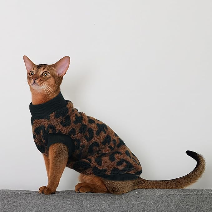 PUMYPOREITY Winter Warm Cat Sweater - Super Soft & Elastic Knit with Plush Fleece, Easy-On Design with Ribbed Neck & Cuffs, Stretchy Cat Outfit for Indoor/Outdoor Use,Brown, S