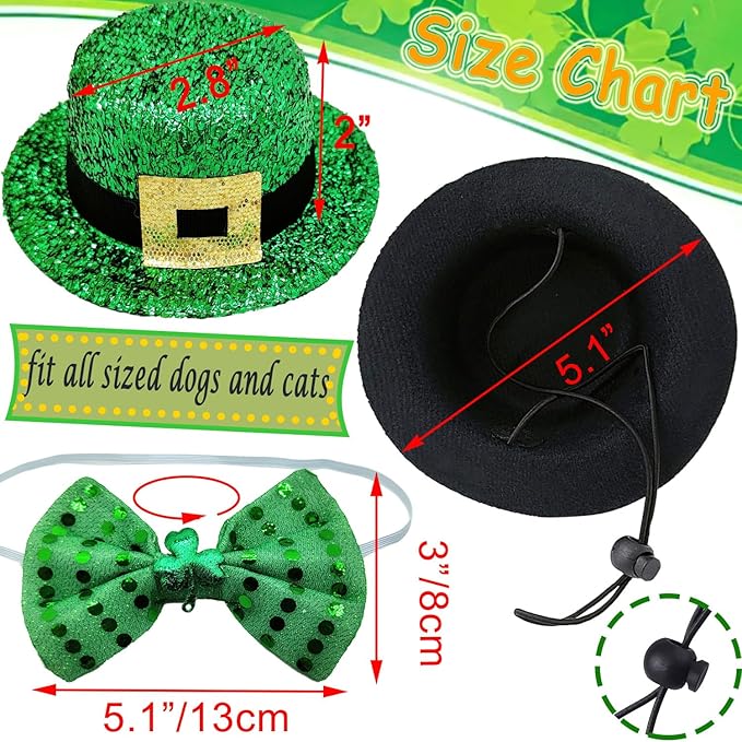St.Patrick's Day Dog Costume 3Pack Puppy Bandana Top Hat Green Shamrock Bow Tie Collar Adjustable Pet Scarf Formal Tux Clothes Irish Tuxedo Outfits for Dogs Cat Dress (3Pcs Irish Hat Tux Bow, Small)