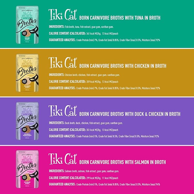 Tiki Cat Born Carnivore Broths Wet Cat Food Toppers, Variety Pack, 1.3 oz. Pouch (12 Count)