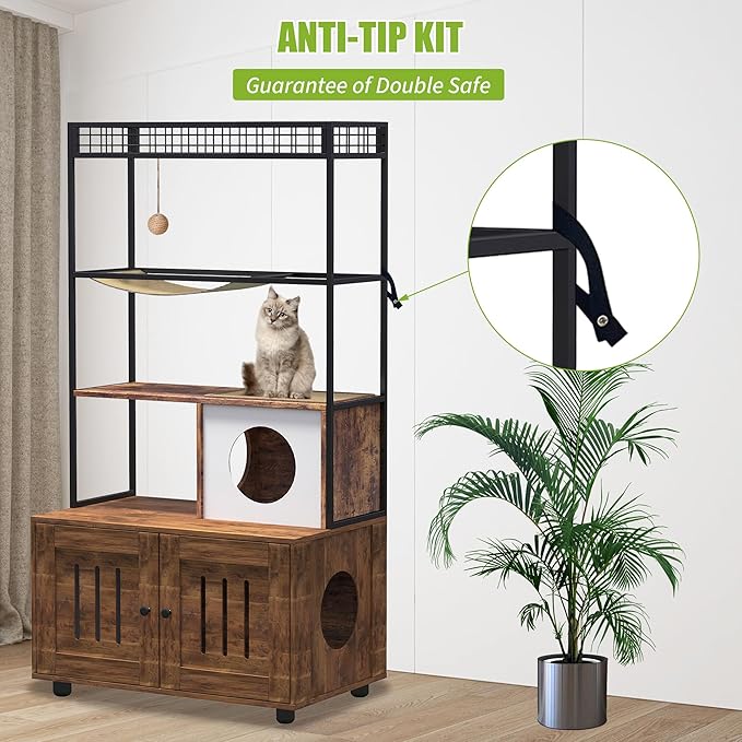 GarveeHome Cat Tree with Litter Box Enclosure, Large Wood Cats Cabinet with Storage Shelf, Condo, Hammock and Play Ball, All-in-one Corner Dog Proof Cat Bed Furniture