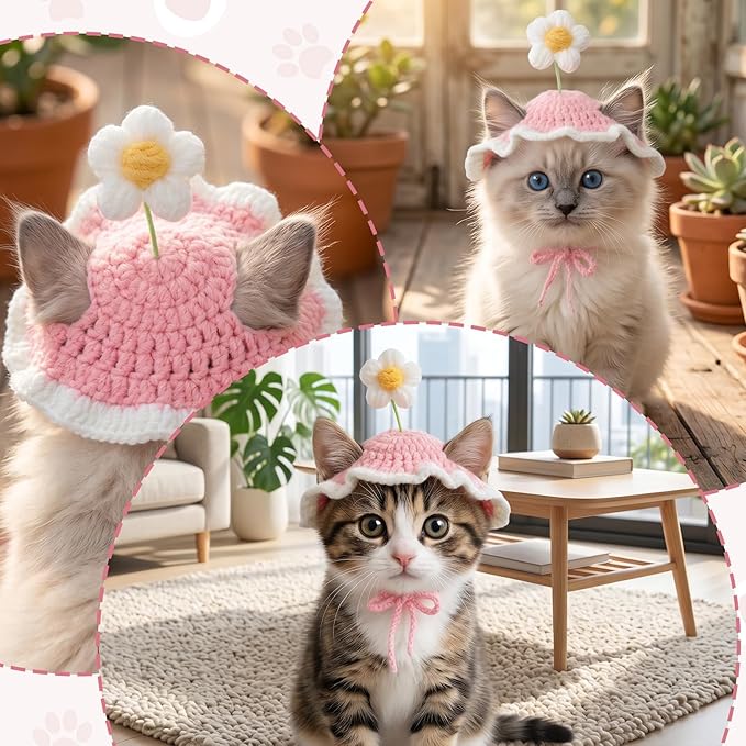 Cat Hat, Cute Flower Washable Knitted Hats for Cats Puppy Small Pets, Adjustable Cat Birthday Party Hat for Halloween Christmas Holiday Photo Outfit (Pink)