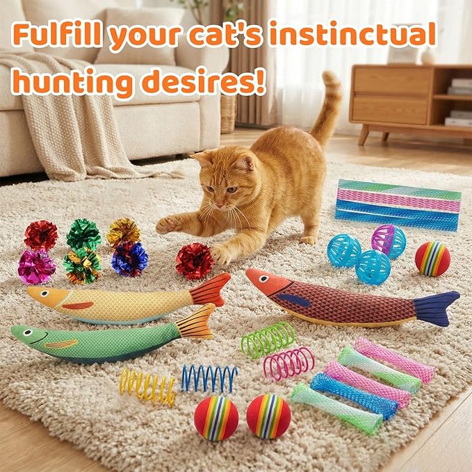 Cat Toys for Indoor Cats, Interactive Cat Toys with Catnip Toy, Kicker Toy, Crinkle Balls, Cat Ball Toy, Cat Spring Toy, Cat Chew Toy for Adult Cats & Kitten (35Pack)