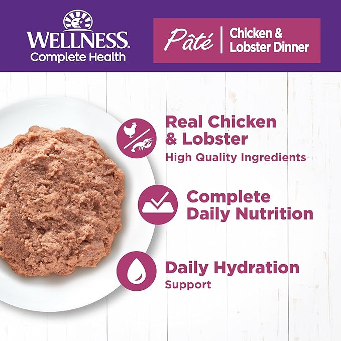 Wellness Complete Health Pate Adult Canned Wet Cat Food, Natural, Protein Rich, Grain Free, Chicken and Lobster Dinner Recipe, 12.5 oz, Pack of 12 Cans