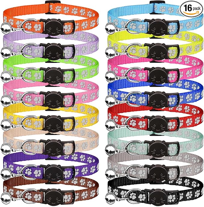 16 PCS Breakaway Cat Collars with Bells Reflective Cat Collar Safety Nylon Kitten Collars Cat Collars for Girl Boy Cats(7.5"-12.6")