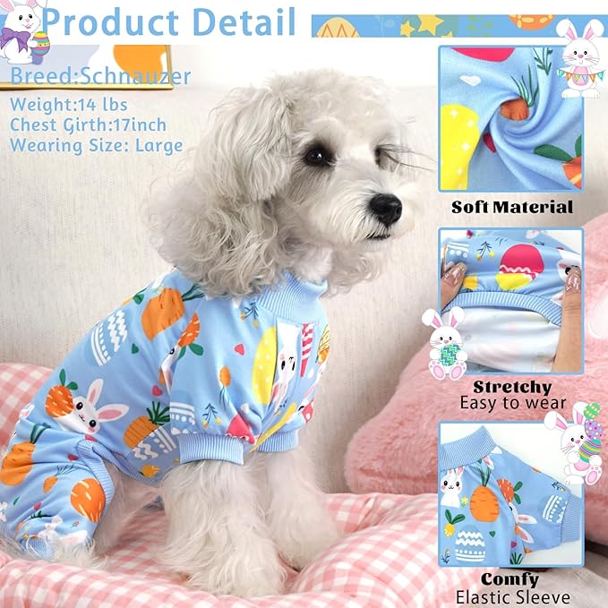 XPUDAC Easter Eggs Dog Pajamas Soft Lightweight Bunny Dog Clothes for Small Medium Dogs Pet Jumpsuit Outfit Cat Apparel-XS