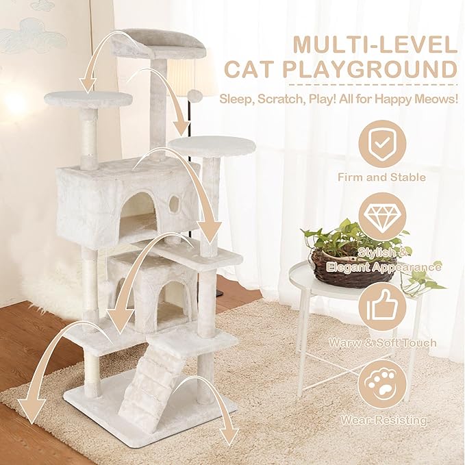 54 Inch Tall Cat Tree Tower - Multi-Level Cat Condo with Scratching Post, Toys & Rest Area, Beige