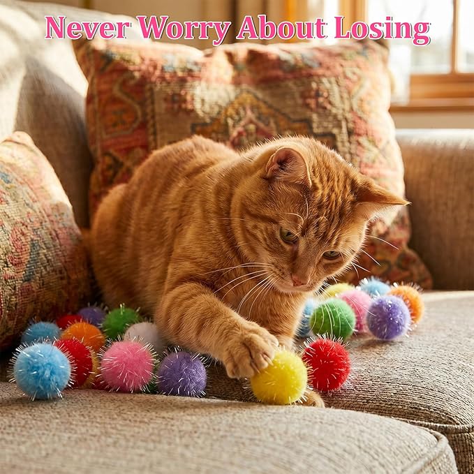 60 Pcs Cat Pom Pom Balls, 1.5 Inch Sparkle Balls for Cats, Assorted Colors, Interactive Glitter Toys for Indoor Cats Exercise & Play