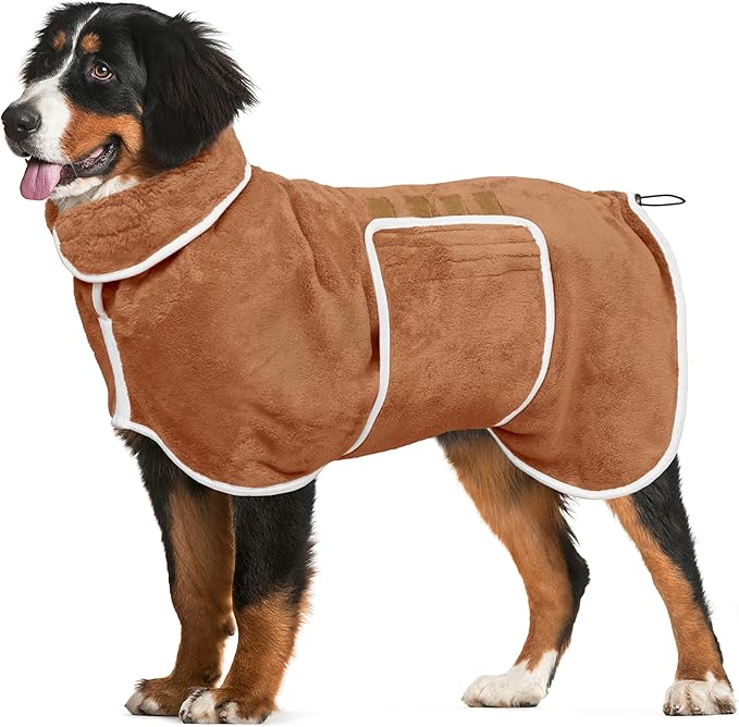 Dog Bathrobe Towel Dog Drying Coat - Super Absorbent Towels Bath Robe for Dogs Large, Soft Adjustable Collar & Belly Strap Fast Drying Coat Pet Cat Bath Robe (Brown, Medium)