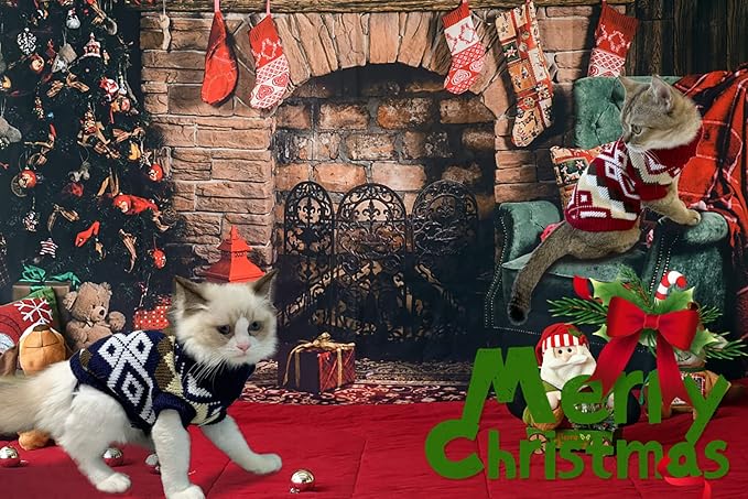 2Pcs Pet Christmas Plaid Sweater - Navy Blue and Red Cat Dog Xmas Costume Knitwear Clothes for Kitten Puppy XS