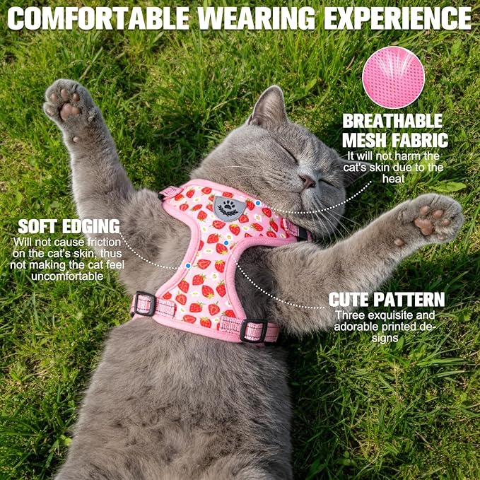 EXPAWLORER Escape Proof Cat Harness and Leash Set - Soft Breathable Vest Harness with Adjustable for Kitten Puppy Outdoor Walking Travel, Reflective Harnesses for Small Medium Large Cats, Strawberry M