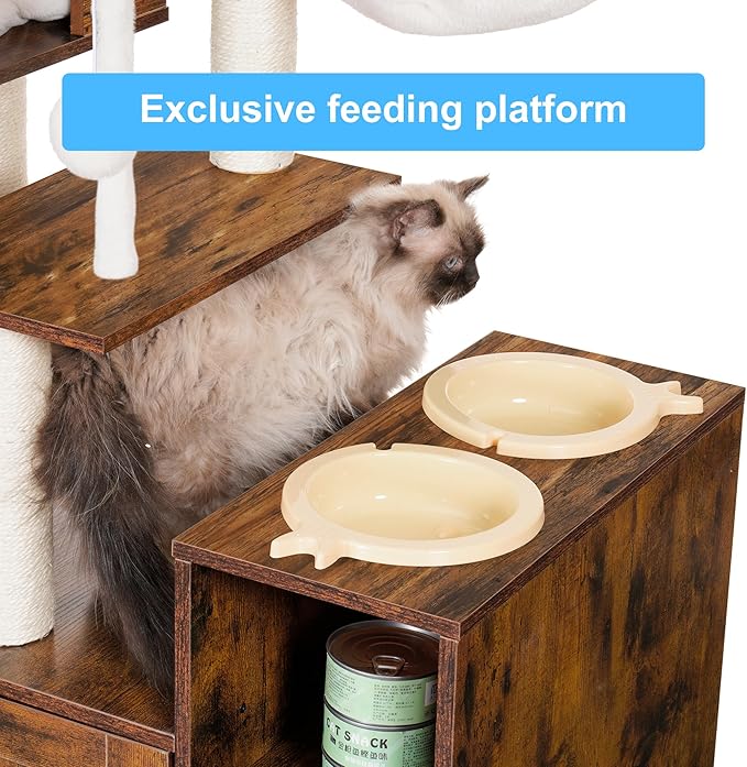 Hey-brother Cat Tree with Litter Box Enclosure, Modern Cat Tower for Indoor Cats with Large Platform, Condo Food Station and 2 Hammocks, All-in-one Cat Furniture, Wood Rustic Brown MPJ115SR