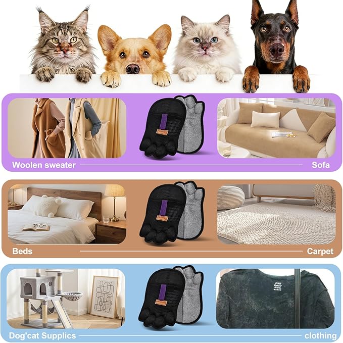 Pet Hair Removal Glove for Dogs & Cats Five-Finger Electrostatic Pet Hair Remover Glove Reusable Brush Pet Hair Tool & Upholstery Cleaning pet Gloves for pet Hair Removal
