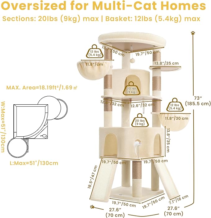 Cat Tree, 73-Inch Sturdy Corner Cat Tower with Wide Top Perch, Cat Furniture with 2 Spacious Condos, 2 Cozy Baskets, 2 Scratching Boards & Interactive Toy for Large Cat, Beige VCT021MJ