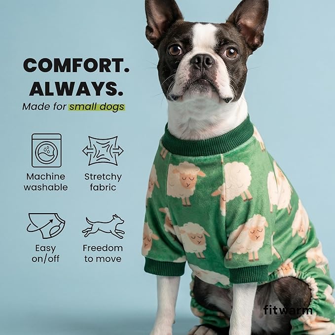 Fitwarm Funny Sheep Dog Pajamas, Warm Winter Dog Clothes for Small Dogs Boy Girl, Cozy Pet Onesie with Feet, Green, White, XS