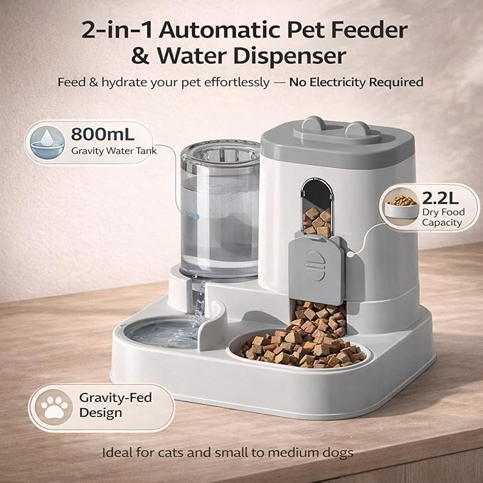 Automatic Dog Cat Feeder – 2-in-1 Cat Food and Water Bowl Set & Dog Food and Water Bowl Set, 800ml + 2.2L Gray