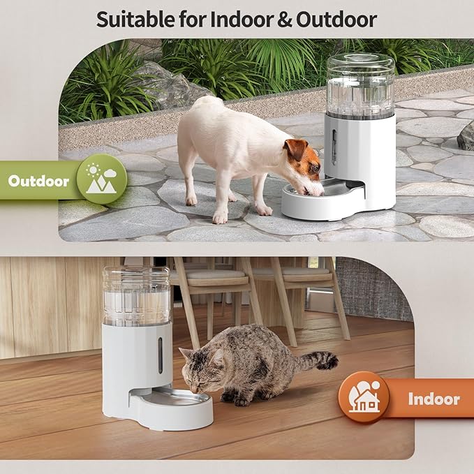 JUNSPOW Cat Water Dispenser with Filter and Stainless Steel Bowl, Automatic Gravity Water Dispenser for Cats or Small Medium Size Dogs, Large Capacity, Easy to Clean and Safe for Pets (4L White)