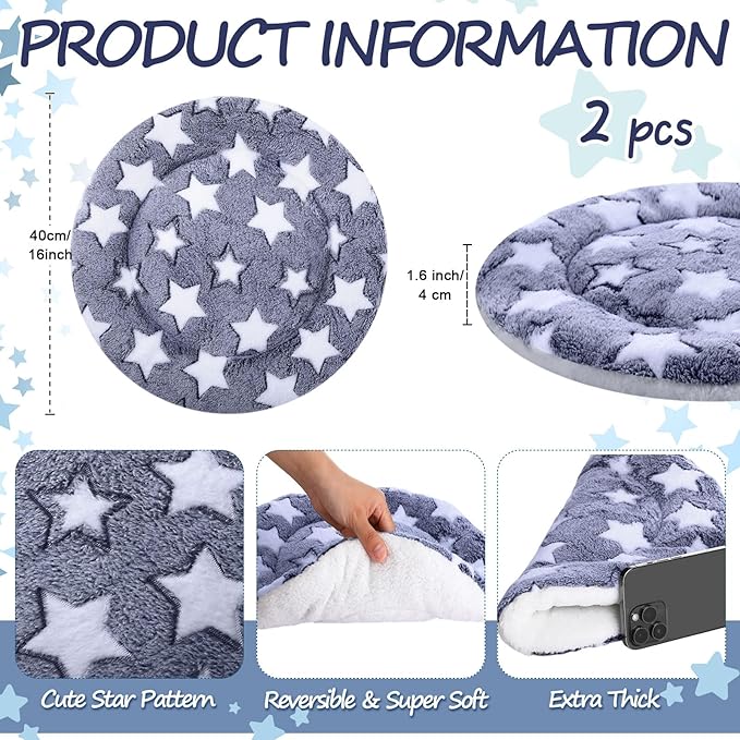 VitalCozy 2 Pack Self Heating Cat Pad Self Heating Cat Bed Machine Washable Heat Pet Mat Reversible Body Thermal Warm Round Dog Bed Crate Blanket for Feral and Indoor Cats(16'',Blue Large Star)