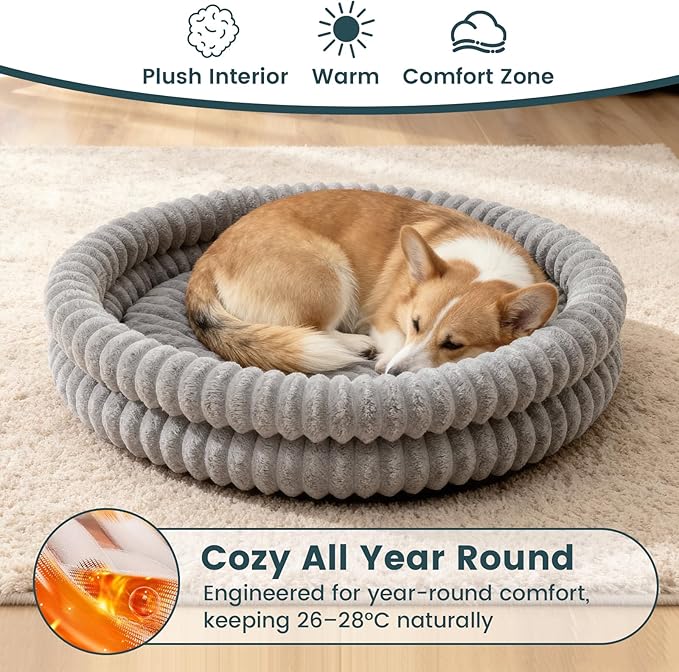 Small Dog Beds, Machine Washable Donut Large Cat Beds for Indoor Cats, Fluffy Round Pet Bed with Anti-Slip Bottom for Puppy and Kitten, Gray, 28"x28"x5"