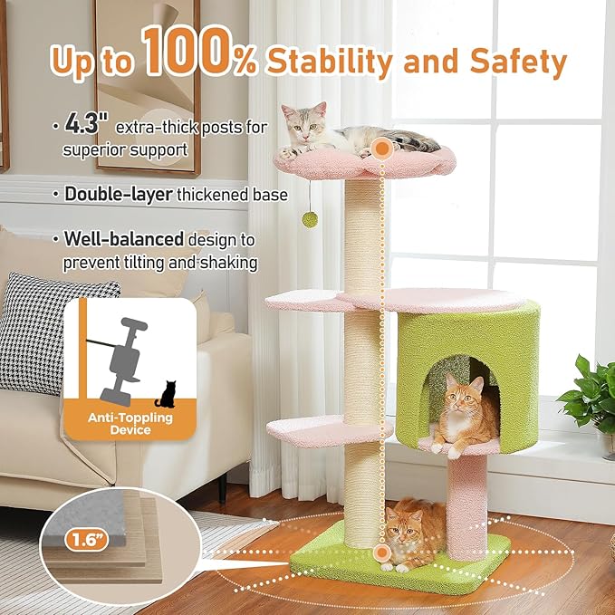 MUTTROS 50" Pink Flower Cat Tree for Large Heavy Cats, Maine Coon Cat Tower with Extra Thick Scratching Posts (φ4.3in), Spacious Cat Condo for Big Cats 20 lbs, Soft Top Bed-Green
