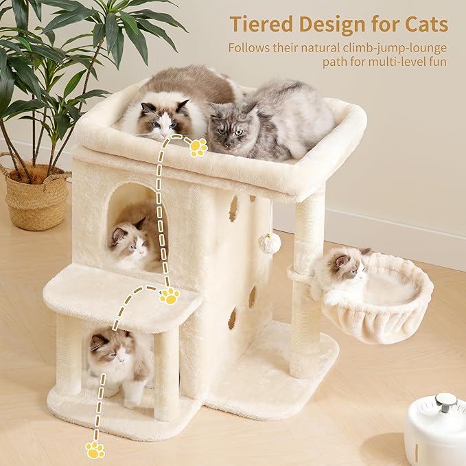 Heybly Cat Tree, 26.3-inch Cat Tower with Spacious Top Perch for Large Cats, Stair-Style Cat House Furniture with Dual-Layer Condos, Sisal Scratching Posts, Cozy Basket & Pompom, Beige HCT204SM