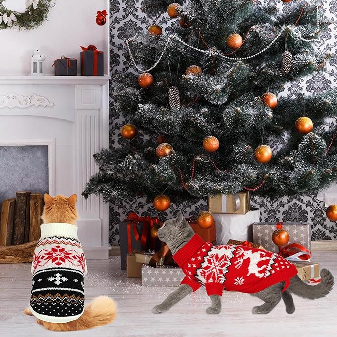 BWOGUE 2 Pack Cat & Puppy Christmas Sweaters - Knitwear Turtleneck Kitten Sweaters with Reindeer & Snowflake Designs (S)