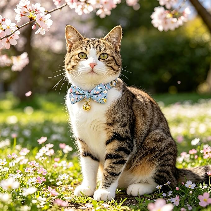 2 Pack Floral Bow Tie Cat Collars with Bell, Adjustable Soft Cotton Cute Kitten Collars with Safety Breakaway Buckle for Cats & Small Dogs(Fl Blue+Pink)