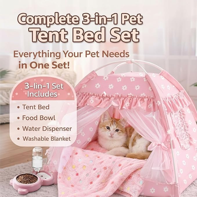 BreezeHug 3-in-1 Pet Princess Tent Bed Set for Cats & Small Dogs, Cute Soft Pink Cat Bed with Food Bowl, Water Dispenser & Washable Cushion, Complete Starter Kit for Indoor Pets