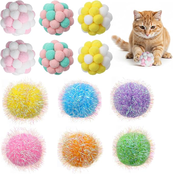 12 Pieces Cat Pom Pom Balls, PVA Polyester Material, Soft Pompoms with Bells, 5cm 6cm Interactive Ball Toy for Cats Kitten Indoor Outdoor Playing Chewing Scratching