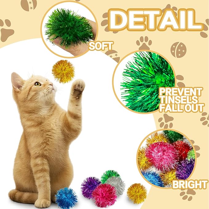 50 Pcs Cat Pom Pom Balls,2 Inch Large Assorted Color Cat Toy Balls,Sparkle Ball for Indoor Cats,Interactive Glitter Cat Toys for Exercise and Entertainment