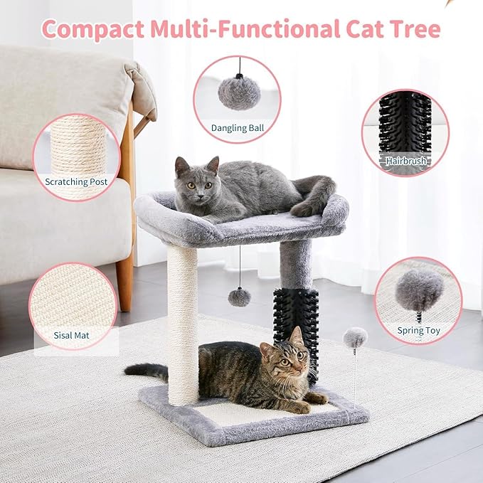 Small 4-in-1 Cat Tree Tower with Self-Grooming Brush, Sisal Scratching Post, Plush Cat Bed & Hanging Ball Toy, Compact Cat Tree for Indoor Kittens, Grey