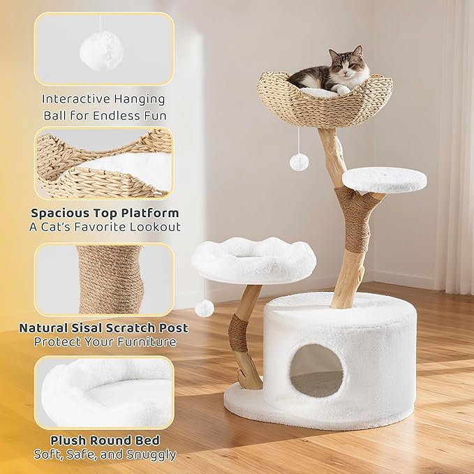 AQUILLA 42.5" Multi-Level Cat Tree Tower – Cozy Cat Condo, Woven Seagrass Basket, Sisal Scratching Posts, Indoor Playground for Cats, White