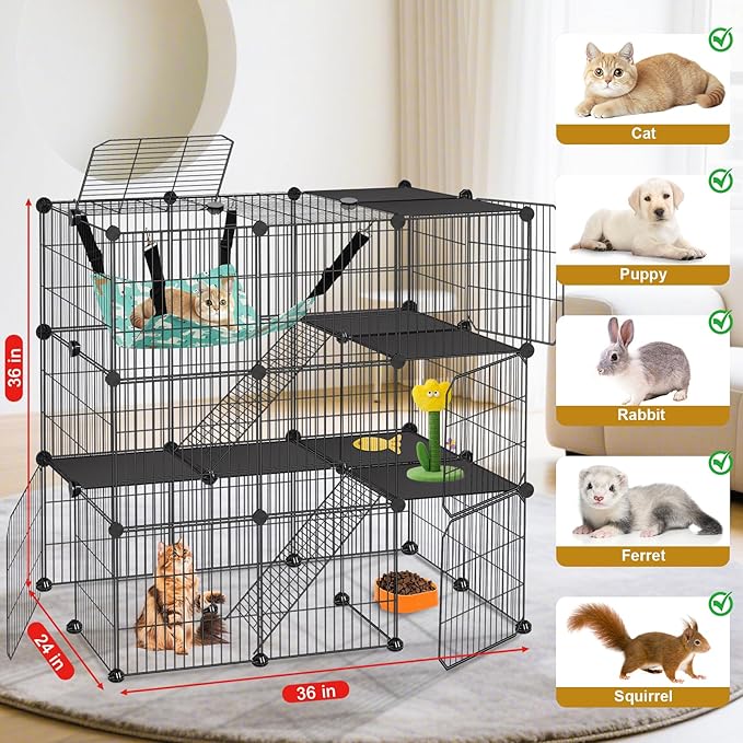 VISCOO Cat Cage, 3-Tier DIY Cat Enclosures Catio, Cat Playpen Indoor & Outdoor with Hammock, Detachable Metal Wire Kennel Cats Crate, 2x3x3 Exercise Place for 1-3 Cats/Kitten