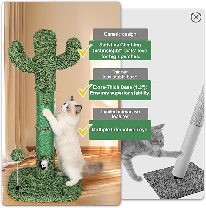 Tall Cat Scratching Post for Indoor Cats Adults, Cat Scratch Post with Sisal Rope Claw Scratcher, Solid Wood Cat Tower with Scratching Post and Cat Toys Mouse Hole,Cactus Small Cat Tree(Green Cactus)