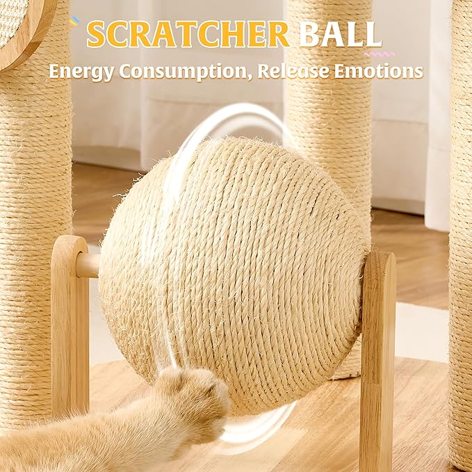 HITTITE Modern Cat Tree Tower with Scratching Post, 47 Inches Tall Cat Towers with Scratching Ball & Pad, Multi-Level Cat Tree with Rattan Bed and Removable Cushions for Indoor Cats Large Adult.