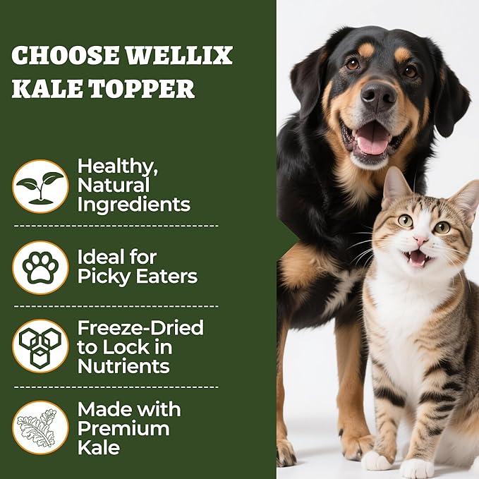 Wellix Freeze Dried Dog and Cat Food Toppers with Kale & Egg Yolk for Picky Pet - High Protein Low Calorie Dog Treats to Support Digestive & Skin Health - Healthy Cat Treats for Indoor Cats 7.05oz
