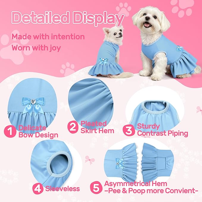 YUDODO Dog Dress Sleeveless Cat Dresses Breathable Dog Clothes for Small Dogs Girl Bowtie Puppy Dress with Cute Skirt Hem Lightweight Summer Dogs Dresses Soft & Does Not Pill Blue S