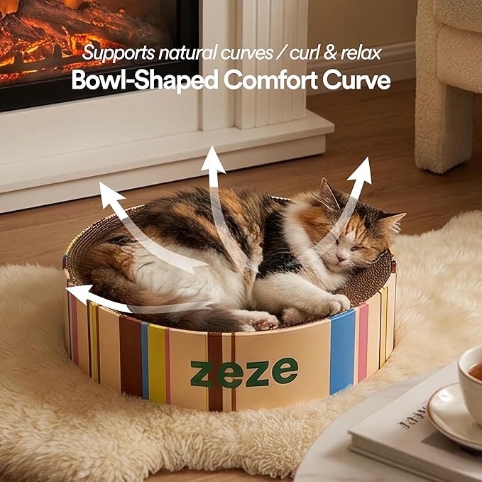 ZEZE Round Cat Scratcher Bed — Durable Corrugated Cardboard Cat Lounge, Scratch & Sleep Bowl Shape Cat Bed, Cozy Curved Design, Minimal Mess, Sturdy Edge Support (Cream Mille-Feuille)