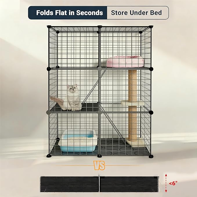 DIY Modular Cat Playpen 2x3x1 Grid | Compact Indoor Cat Enclosure | Foldable Black Wire Metal Cat Cage with Multi-Level Shelves | Fits 1 Cat (43.7" x 29.5" x 15.35")