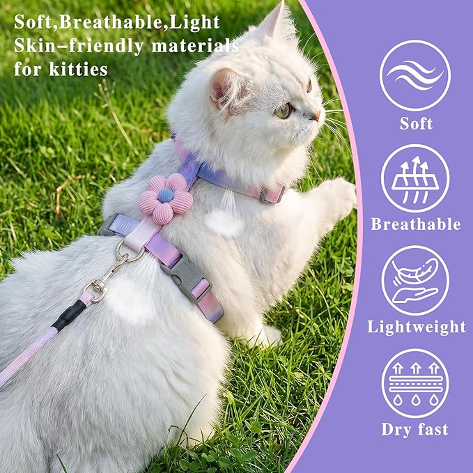 Tensho Cat Harness and Leash Set – Escape Proof Adjustable Cat Harness with Flowers, Comfortable Soft, Lightweight Safe, Easy to Wear Walking & Travel Harness(Purple S)