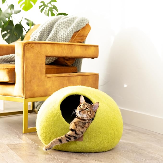 Best Aesthetic Cat Bed - Premium Felted Wool Cat Cave Bed - Cozy Peekaboo Round Cave for Large or Small Cats (Small, Citrus Green)