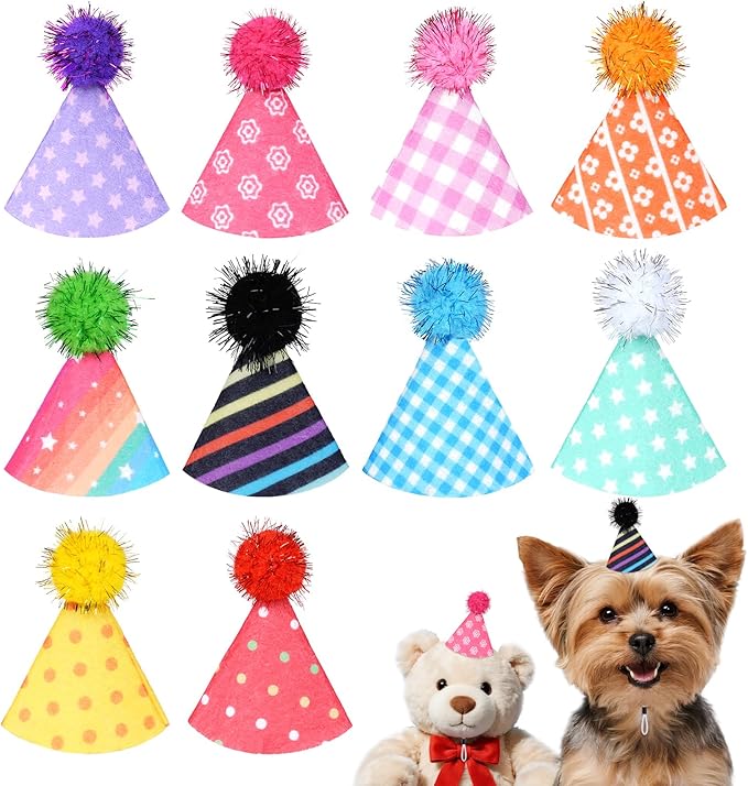 10Pcs Party Hats for Stuffed Animals, Cat Dog Birthday Hats Dolls Party Hat Mini Birthday Hat for Holiday Wedding Puppies Kittens Costume