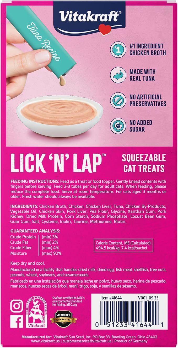 Vitakraft Lick ‘N’ Lap Real Tuna Squeezeable Liquid Cat Treats, Lickable, Broth #1 Ingredient, No Artificial Colors, Preservatives or Added Sugar, for Hydration, 0.52 oz. Tubes, 80 Count