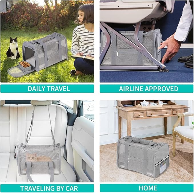 Airline Approved Cat Carrier Soft-Sided Pet Carrier for Cats and Small Dogs 17“ Under Seat Travel Carrier TSA Approved with Foldable Bowl Breathable Mesh Collapsible & Machine Washable, Grey
