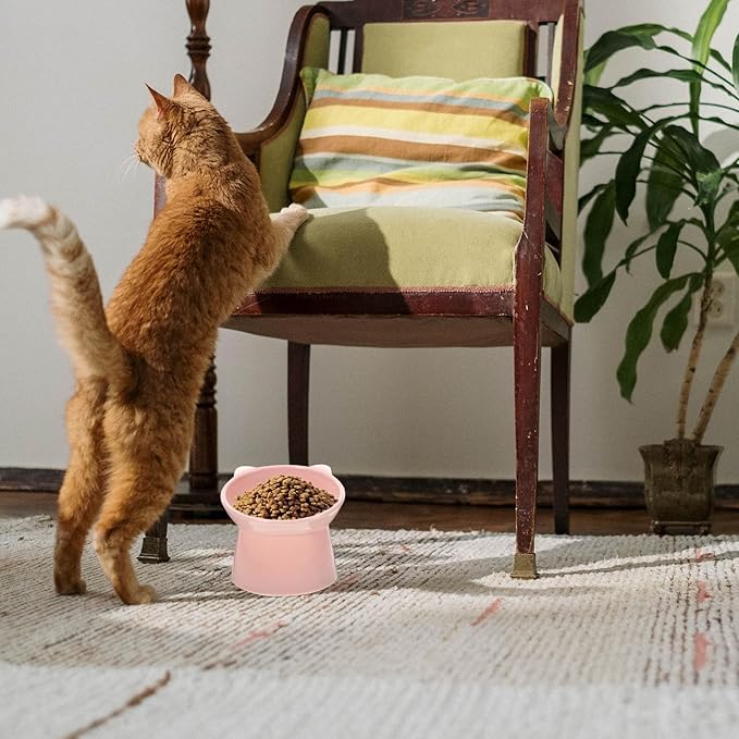 jojofuny Elevated Tilted Cat Food Bowl with Neck Guard, Food-Grade Plastic Raised Pet Feeder for Indoor Cats and Small Dogs, Cute Pink Slow Feeder Bowl for Feeding and Watering