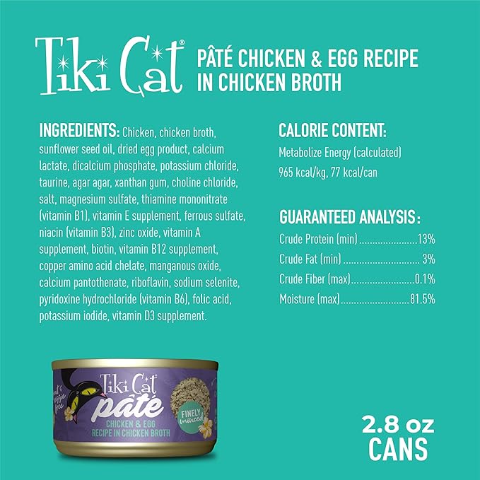 Tiki Cat Luau Pate, Chicken and Egg Recipe in Chicken Broth, Grain-Free Balanced Nutrition Wet Canned Cat Food, for All Life Stages, 2.8 oz. Can (12 Count)